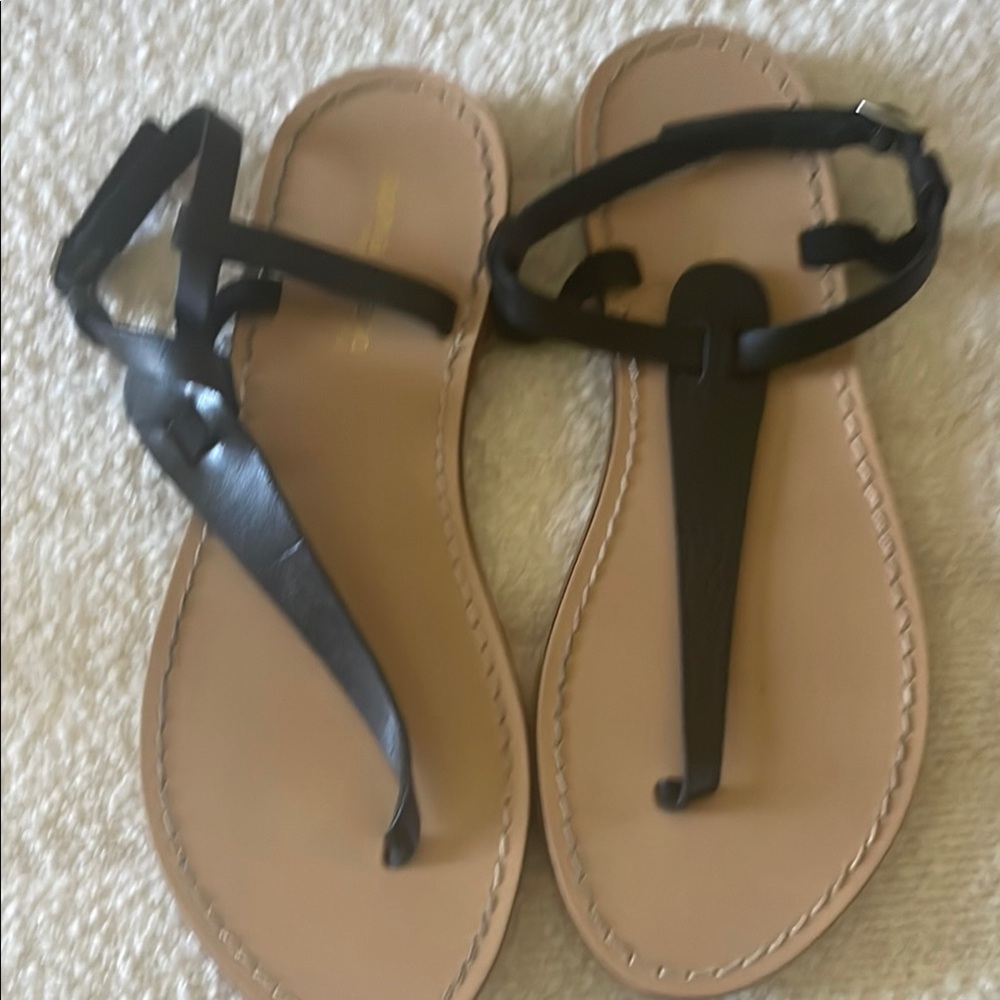 Black T-Strap Sandals with Glossy Finish